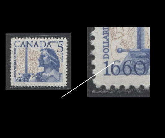 Canada #390var 5c Brown & Dark Blue Dollard Des Ormeaux, 1960 Battle of Long Sault Issue, A VFNH Single Significant Downward Shift Of Vignette, DF Smooth Paper