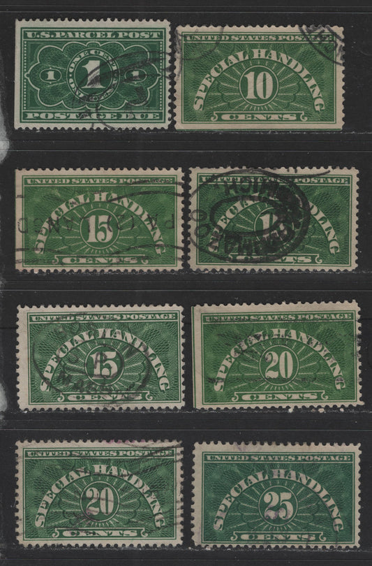 Lot 426 United States Of America #JQ1, QE1-QE2-4 1c-25c Yellow Green & Dark Green Numeral On Engine Turned Background, 1913-1955 Parcel Post Postage Dues & Special Handling Issue, 8 Fine Used Singles Including Both Wet & Dry Printings