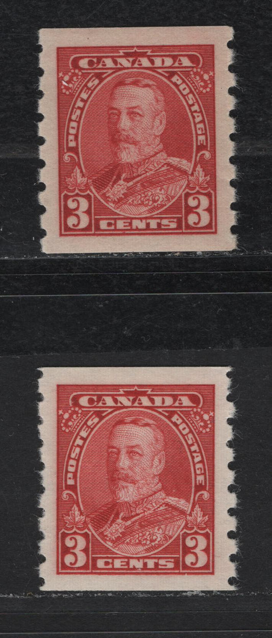 Lot 108 Canada #230 3c Carmine King George V, 1935-1937 Dated Die Issue, 2 VFNH Coil Singles Horizontal Wove With & Without Mesh