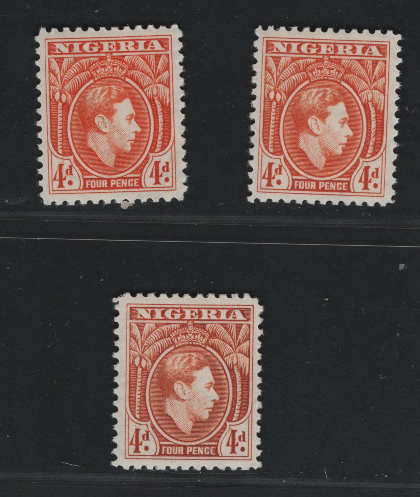 Nigeria #59var (SG#54var) 4d Bright Orange - Dull Orange King George VI, 1938-1952 King George VI Definitive Issue, 3 Fine & VF OG Singles, Line Perf 12, 1938 Printings