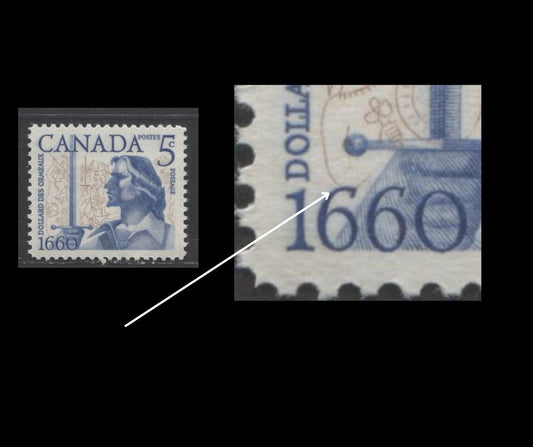 Canada #390var 5c Brown & Dark Blue Dollard Des Ormeaux, 1960 Battle of Long Sault Issue, A VFNH Single Significant Downward Shift Of Vignette, DF Vertical Ribbed Paper
