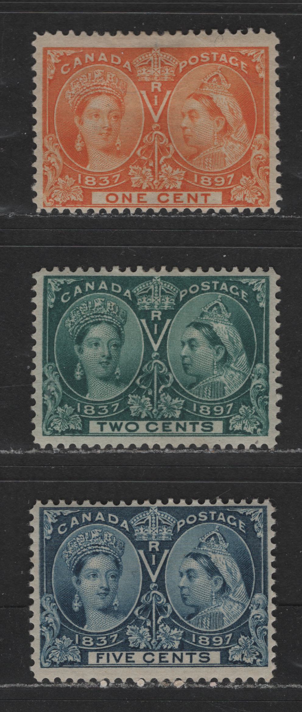 Lot 427 Canada #51, 52i, 54 1c, 2c, 5c Yellow Orange, Dark Green & Deep Blue Queen Victoria, 1897 Diamond Jubilee Issue, 3 VGOG Singles Fine to VF Appearance, But Moderate To Severe Thins