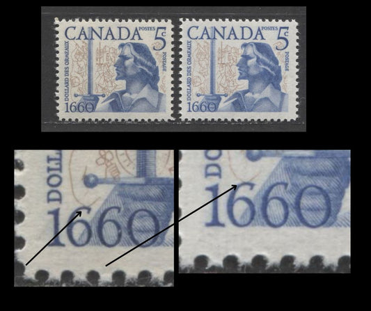 Canada #390var 5c Brown & Dark Blue Dollard Des Ormeaux, 1960 Battle of Long Sault Issue, 2 VFNH Singles Significant Downward Shift Of Vignette, NF Vertical Ribbed Paper, Two Shades