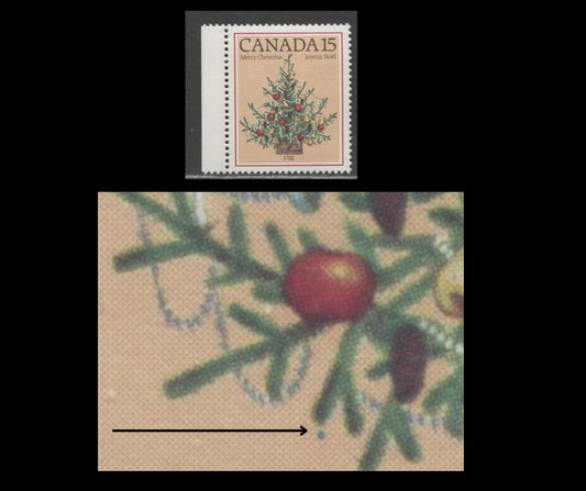Lot 427 Canada #900var 15c Multicoloured Christmas Trees, 1981 Christmas Issue, A VFNH Single, Green Dot Below Branch (Pos. 41), NF/NF, Appears Constant