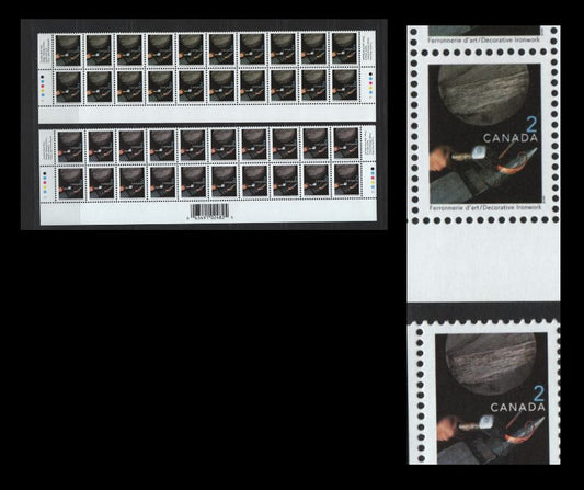 Lot 144 Canada #1674i, 1674ii 2c Multicoloured Ironwork, 1999-2007 Traditional Trades Definitives, A VFNH Bottom Inscription Blocks Of 20 December 2000 & December 2001 CBN Reprints With Imperforate Selvedge & With & Without Barcodes