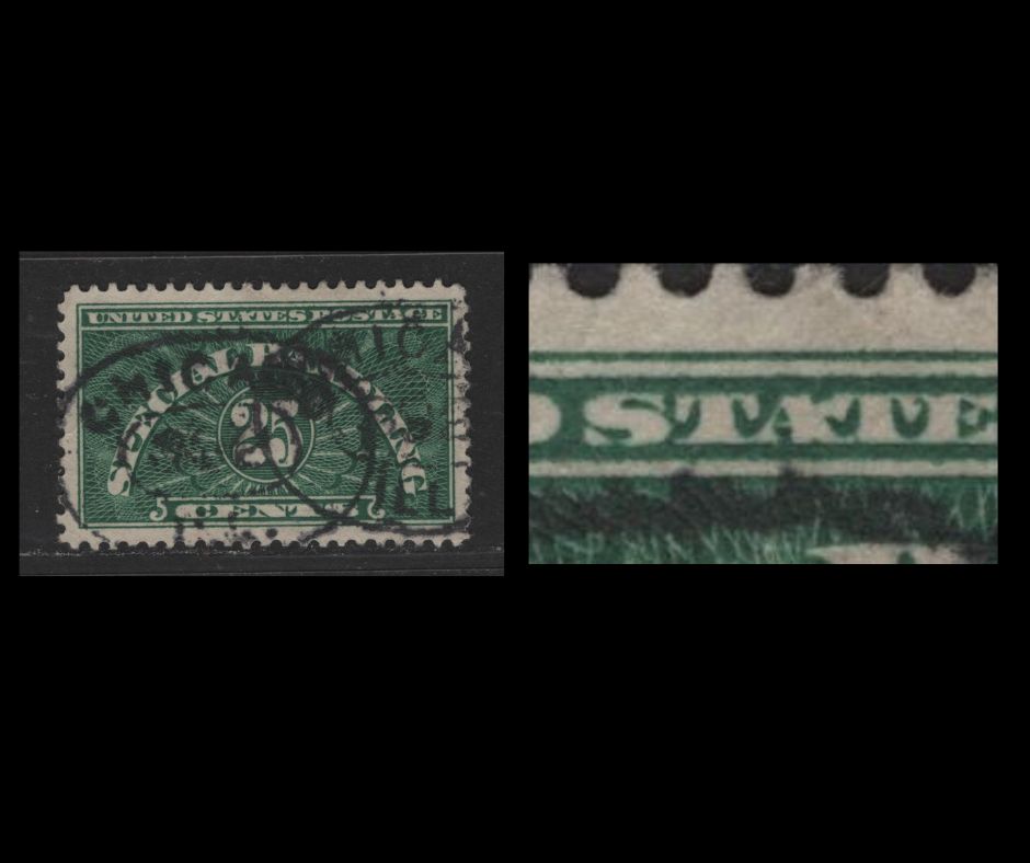 Lot 427 United States Of America #QE4var 25c Dark Green Numeral On Engine Turned Background, 1925 Special Handling Stamps, A Fine Used Single Wet Printing, Showing "A" & "T" Of States Joined At Top From Plate 17103