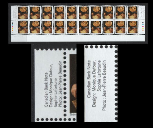 Lot 144 Canada #1679iivar 10c Multicoloured Woodworking, 1999-2007 Traditional Trades Definitives, A Fine NH Bottom Inscription Block Of 20 2006 CBN Reprint With Imperforate Selvedge, No Barcode, & Inscriptions Shifted 1.5mm To The Right, Unlisted