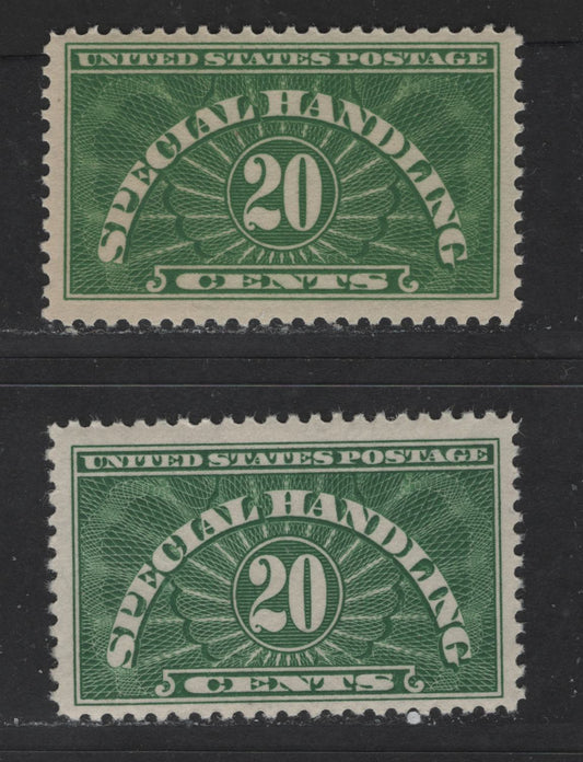 Lot 430 United States Of America #QE3-QE3a 20c Yellow Green & Green Numeral On Engine Turned Background, 1925-1955 Special Handling Stamps, 2 VFNH Singles Wet & Dry Printings