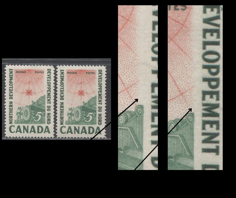 Canada #391var 5c Deep Emerald & Red Surveying Crew, 1961 Northern Development Issue, 2 VFNH Singles Major Leftward Vignette Shift, NF Ribbed Paper