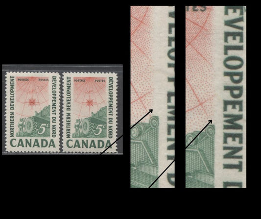 Canada #391var 5c Deep Emerald & Red Surveying Crew, 1961 Northern Development Issue, 2 VFNH Singles Major Leftward Vignette Shift, NF Ribbed Paper