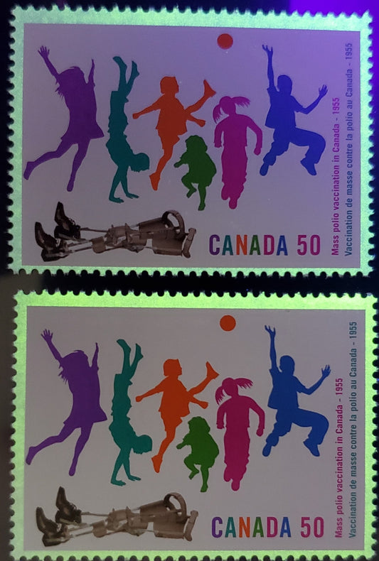 Canada #2120 50c Multicolored Children Playing & Discarded Leg Braces, 2005 Polio Vaccination, 2 VFNH Singles With Unlisted Strong & Weak Tagging
