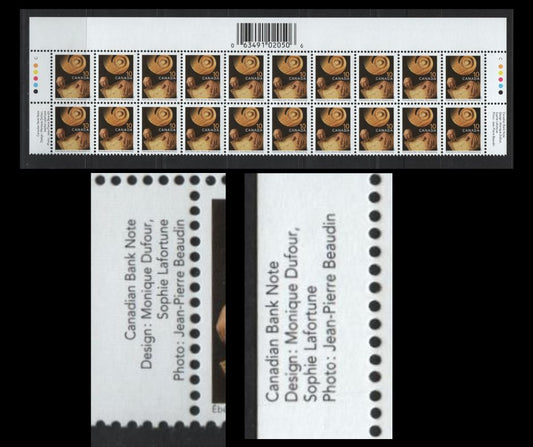 Lot 145 Canada #1679ii 10c Multicoloured Woodworking, 1999-2007 Traditional Trades Definitives, A Fine NH Bottom Inscription Block Of 20 2006 CBN Reprint With Imperforate Selvedge, Upright Barcode, & Inscriptions Shifted 1.5mm To The Right