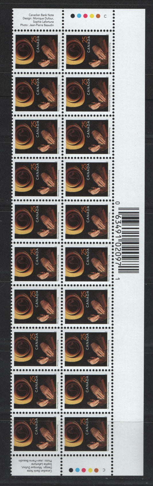 Lot 145 Canada #1680ii 25c Multicoloured Leatherworking, 1999-2007 Traditional Trades Definitives, A VFNH Bottom Inscription Block Of 20 December 2001 CBN Reprint With Imperforate Selvedge And Inverted Barcode