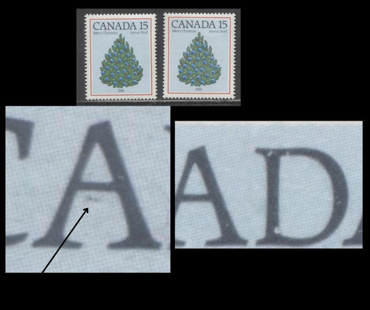 Lot 433 Canada #902var, 902i 15c Multicoloured Christmas Trees, 1981 Christmas Issue, 2 VFNH Singles, Dash Under Cross-Bar Of A (Pos. 14) & Two White Dots in "D" Of Canada, DF1/DF1 DF2/LF3 Paper, Possibly Constant or Tertiary
