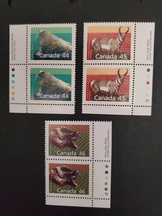 Canada #1171-1172A 44c-46c Multicoloured Walrus - Wolverine, 1987-1991 Mammal & Architecture Issue, 3 VFNH Inscription Pairs Perf. 14.4 x 13.8 Harrison & Slater Papers, And 13.1 Peterborough Paper