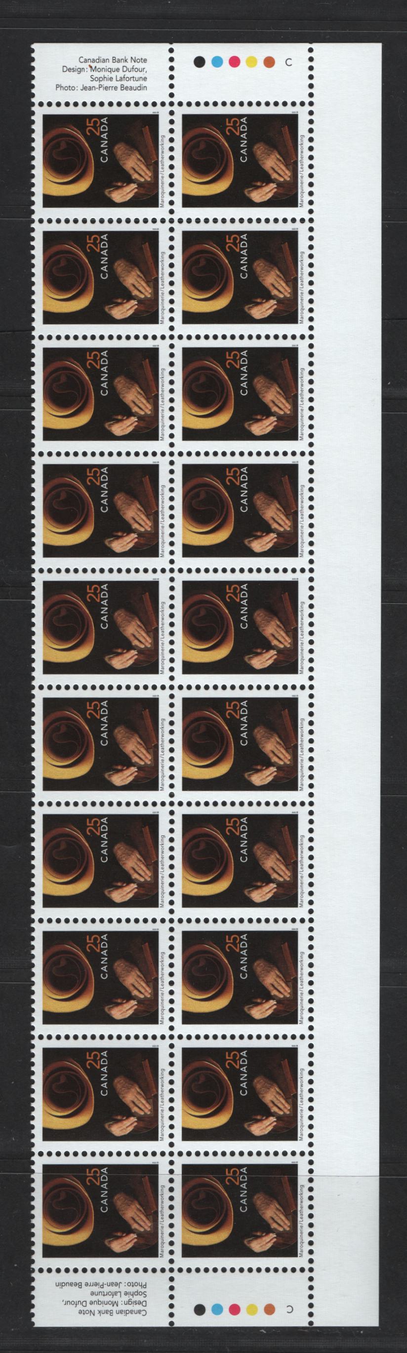 Lot 146 Canada #1680i 25c Leatherworking, 1999-2007 Traditional Trades Definitives, A VFNH Bottom Inscription Block Of 20 November 2001 CBN Reprint With Imperforate Selvedge And No Barcode, With Yellow-Orange Leather