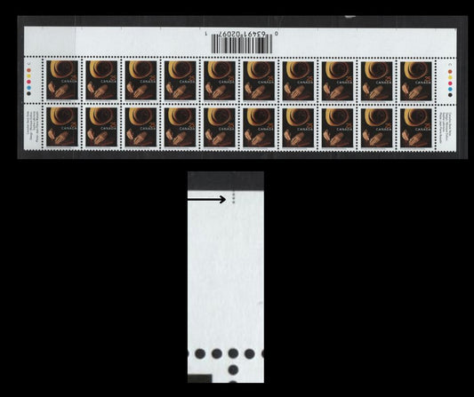 Lot 435 Canada #1680iivar 25c Leatherworking, 1999-2007 Trades Definitives, A VFNH Top Inscription Block Of 20 December 2001 CBN Reprint With Imperforate Selvedge And Inverted Barcode, With Guide Dots At The Base Of The Selvedge Along Each Column