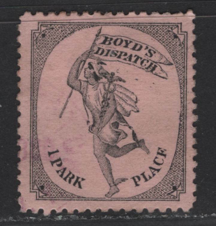 Lot 436 United States Of America #20L50 1c Black On Lilac Pink Mercury, 1880 Boyd's Dispatch Mercury Series Type 1, A VF Used Single Perf. 12, Laid Paper