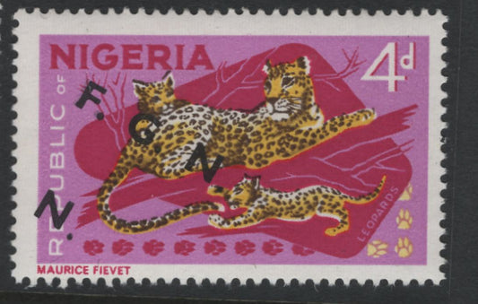 Lot 147 Nigeria SG#177avar 4d  Leopards, 1966-1973 Wildlife Definitives, A Fine NH Single On MF/DF Paper, Crackly Gum Arabic, Pink Background Under UV, Downward Slanted FGN Overprint, One Overprint & Part Of 2nd Visible, Scarce, 1st Time Offered!