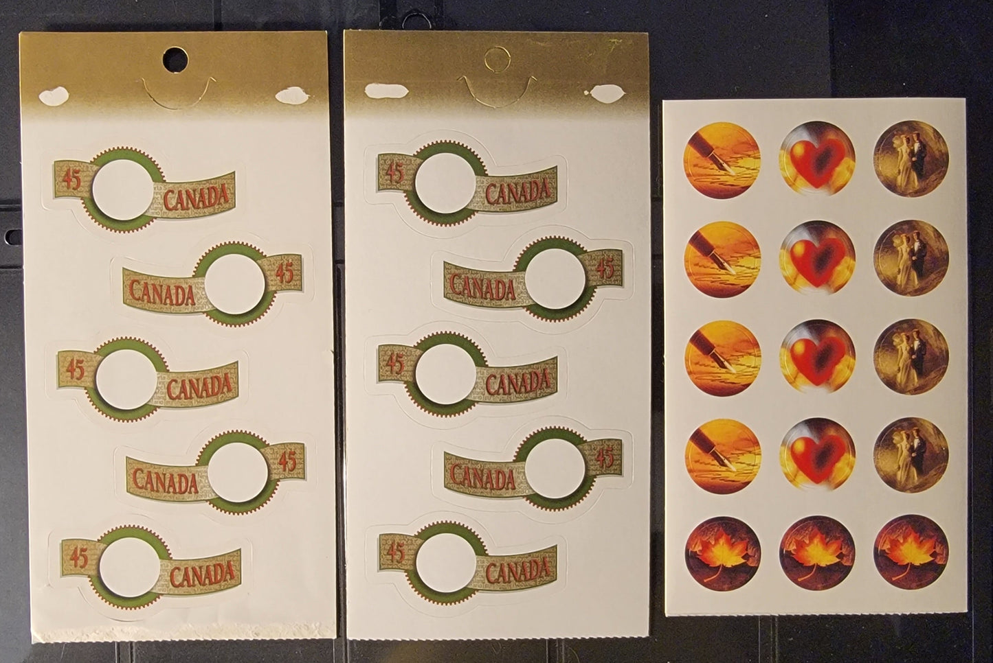 Canada #1568-1569i 45c Multicoloured Quck Stick , 1995 Greetings Issue, 2 VFNH Upper Booklet Panes Of 5 + Pane Of 15 Stickers On DF Coated Papers Paper & HB JAC Paper, Some Selvedge Missing At Base of JAC Paper Pane