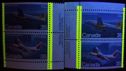 Lot 436 Canada #906a 35c Multicoloured Avro Canada Jetliner, De Havilland Dash 7, 1981 Canadian Aircraft Issue, 2 VFNH Corner Se-Tenant Vertical Pairs, Black and Fluorescent Black Plate Inscriptions, LF3/F5 Paper