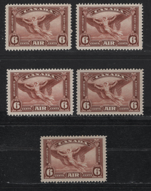Lot 171 Canada #C5 6c Red Brown Daedalus, 1935-1937 Dated Die Issue, 5 VFOG Singles Different Paper & Gum Types - See Description For Details