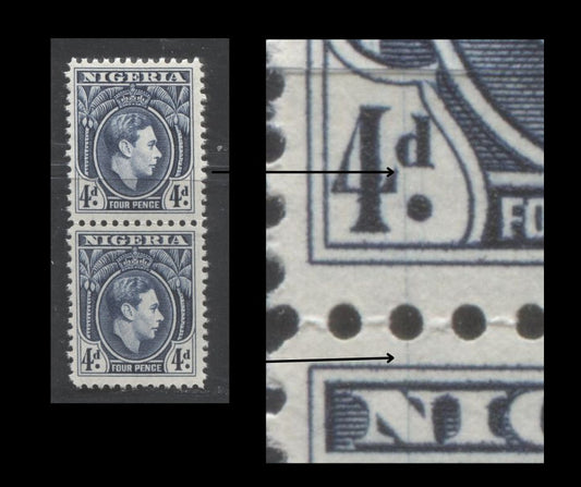 Nigeria #68var (SG#54avar) 4d Blue King George VI, 1938-1952 King George VI Definitive Issue, A VFNH Vertical Pair, Line Perf 12, 1945 Printing, Constant Vertical Scratch From Left "D" To Stop & From "N" To Bottom Of Next Stamp