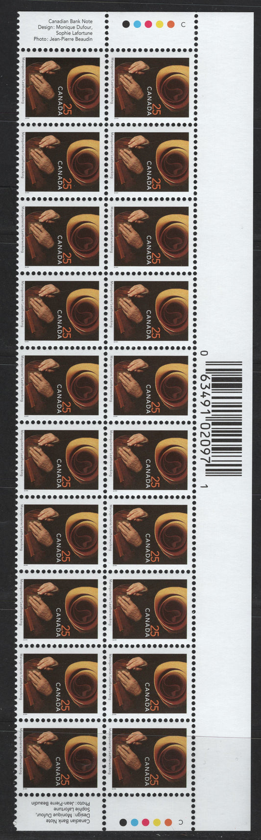 Lot 146 Canada #1680iivar 25c Multicoloured Leatherworking, 1999-2007 Traditional Trades Definitives, A VFNH Top Inscription Block Of 20 December 2004 CBN Reprint With Imperforate Selvedge And Upright Bar Code