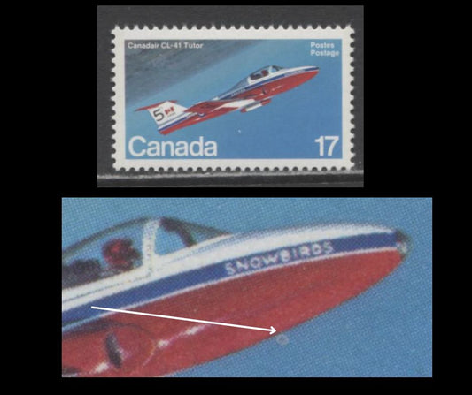 Lot 438 Canada #903var 17c Multicoloured Canadair CL-41 Tutor, 1981 Canadian Aircraft Issue, A VFNH Single, Signal Light Below Chassis (Pos. 38), LF1/LF3 Paper, Possibly Constant or Tertiary