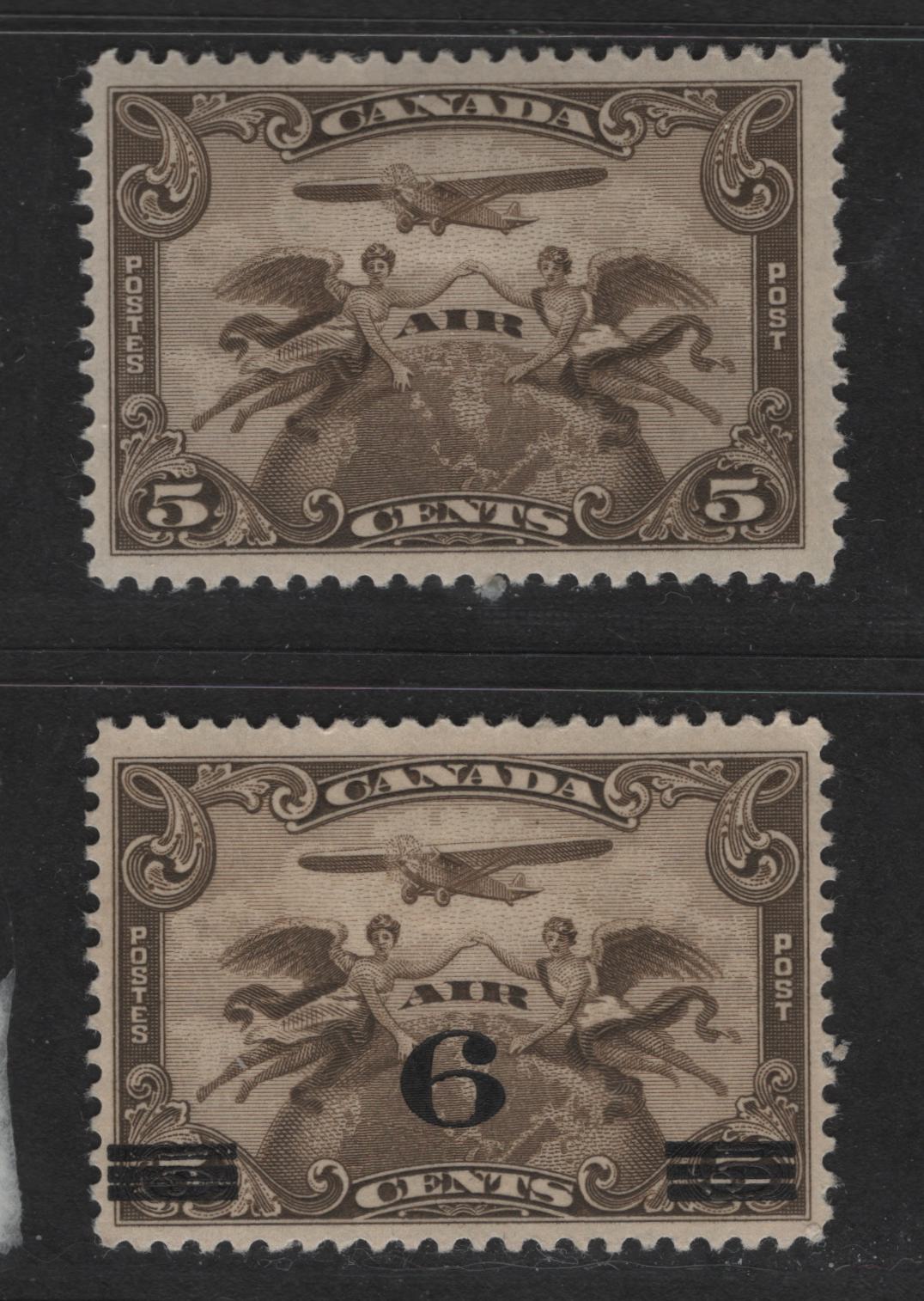 Canada #C1, C3 5c, 6c On 5c Olive Brown Winged Figures, 1928-1932 Scroll Issue & Surcharged Issue Airmails, 2 VFOG Singles