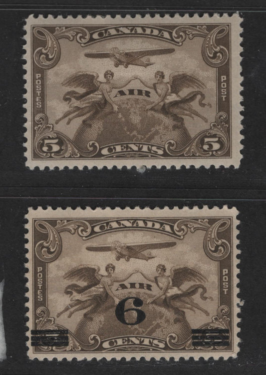 Canada #C1, C3 5c, 6c On 5c Olive Brown Winged Figures, 1928-1932 Scroll Issue & Surcharged Issue Airmails, 2 VFOG Singles