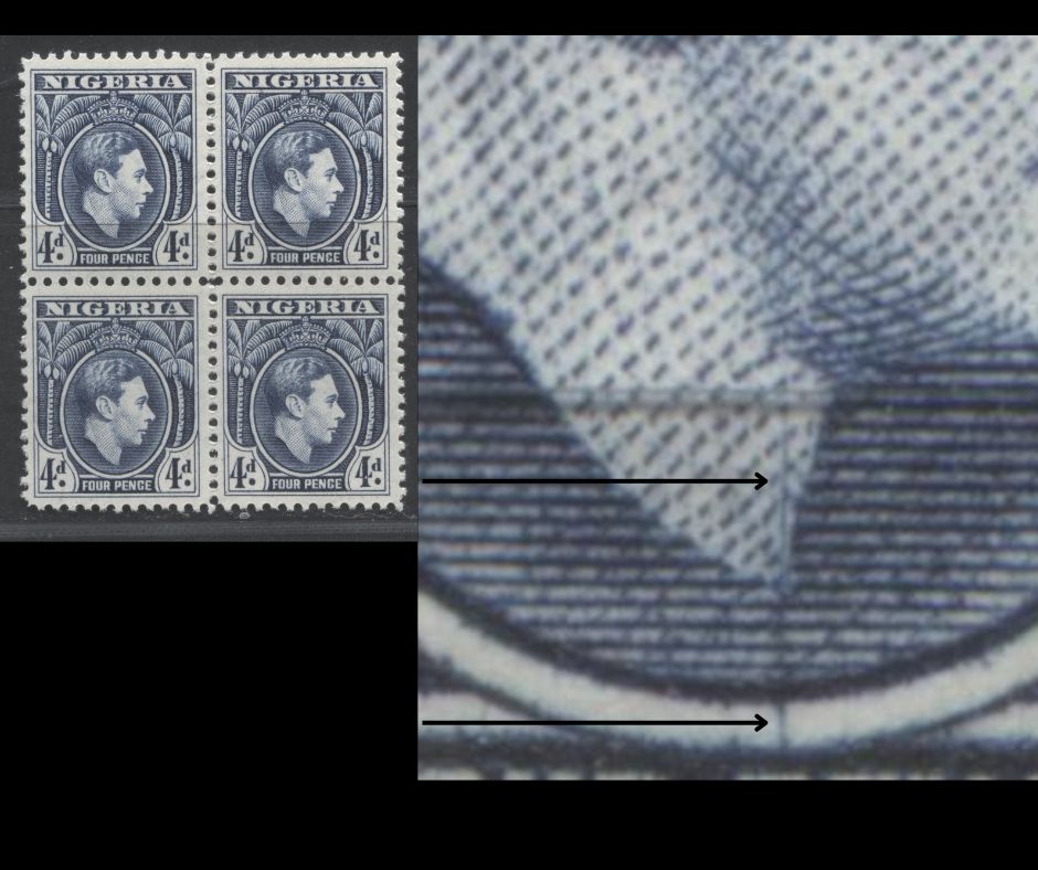 Lot 439 Nigeria #68var (SG#54avar) 4d Blue King George VI, 1938-1952 King George VI Definitive Issue, A VFNH Block of 4, Line Perf 12, 1945 Printing, Scratch Through Neck & Medallion & Between Right "4" & "D"