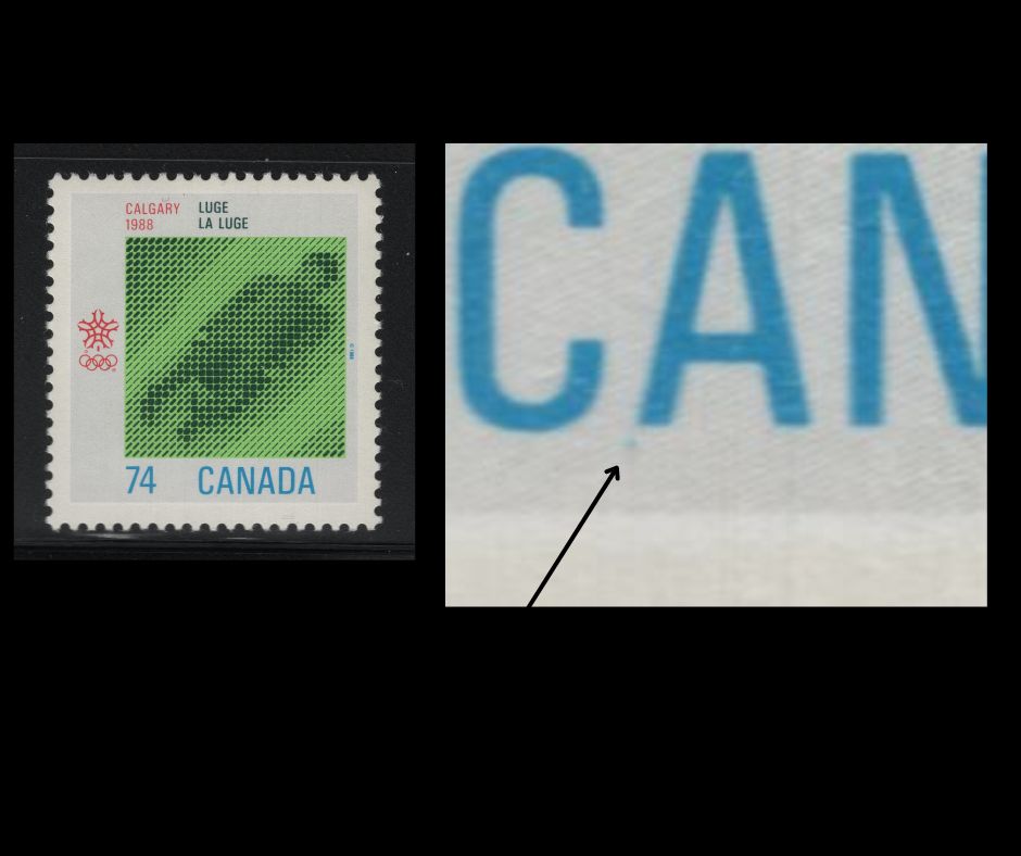 Lot 136 Canada #1198var 74c Multicoloured Luge, 1988 Calgary Olympics Issue, A VFNH Single With Dot Under First A Of Canada, Pos. 32, Constant!