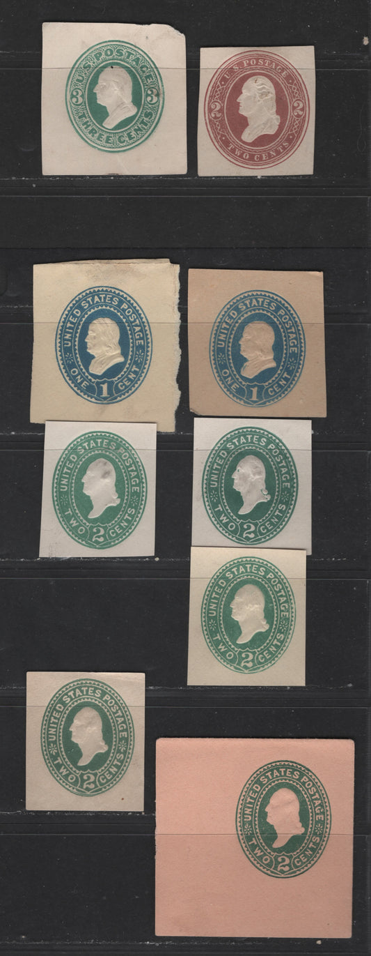 Lot 442 United States Of America #U163, U277, U296, U300, U311-a, U317-a, U313a 1c-3c Blue, Brown & Green Benjamin Franklin & George Washington, 1874-1894 Plimpton Issues, 9 Fine Unused Singles On A Variety Of Papers