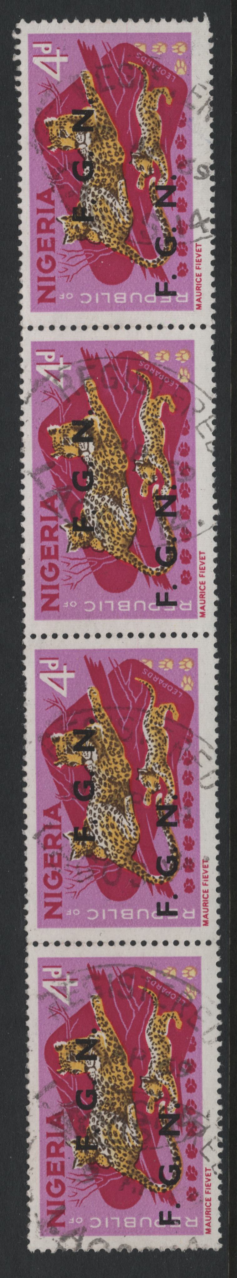 Nigeria SG#177avar 4d Leopards, 1966-1973 Wildlife Definitives, A Fine Used Strip Of 4 On MF/DF Paper, Pink Background Under UV, FGN Overprint, With Clear Lagos April 1969 Registry Cancel, From The Usage By Lagos Tax Services Office, Rare