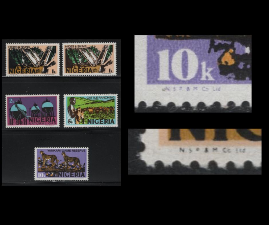 Nigeria #291b/297a 1k-10k Multicoloured Hides & Skins - Yankari Game Reserve, 1973 Nigerian Life & Industry Definitive Issue, 5 VFNH Singles Photogravure Printings On MF Paper, Shiny & Satin Gum Arabic, No Periods In Imprints