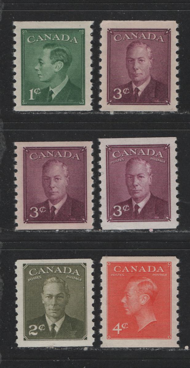 Lot 444 Canada #295-296, 299, 309-310 1c-4c Green - Vermilion King George VI, 1949-1952 Postes-Postage Issue, 6 VFNH Coil Singles Including Two Shades Of 3c Rose Purple, With & Without Postes-Postage