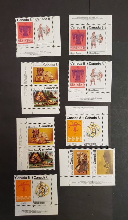 Canada #563a, 565a, aii, 567aii, 569a 8c Multicoloured Buffalo Chase - Algonkian Couple, 1972-1973 Plains & Algonkians Indians Issues, 8 VFNH Inscription Pairs Various Papers, Short N In Plains