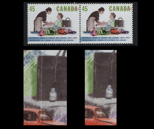 Lot 444 Canada  #1639&var 45c Multicoloured Nurse & Patient , 1997 Victorian Order Of Nurses Issue, A VFNH Pair On HF Peterborough Paper With Left Stamp Showing Vertical White Line Down Left Side Of Bag, A Constant Variety