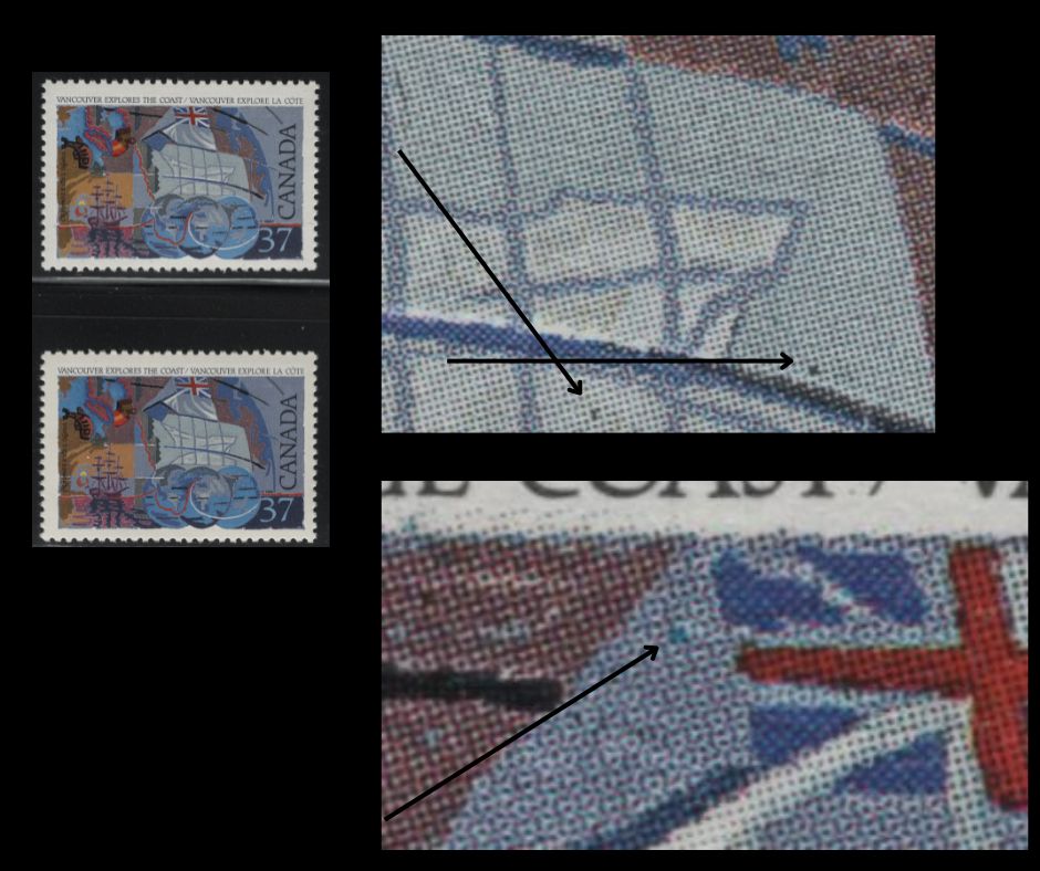 Canada #1200var 37c Multicoloured George Vancouver, 1988 Explorers Of Canada, 2 VFNH Singles Two Dots Near Icebergs (Pos. 44) & Blue Dot To Left Of Union Jack (Pos.42), Constant