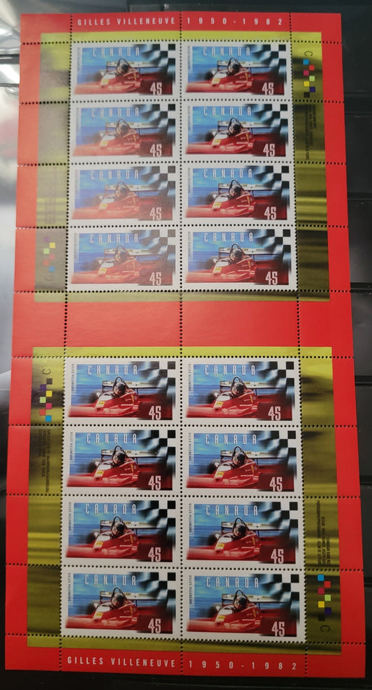 Lot 446 Canada  #1647 45c Multicoloured Gilles Villenueve, 1997 Gilles Villeneuve Issue, A VFNH Full Inscription Pane Of 16 With Central Gutter, On DF1/DF1 Coated Papers Paper