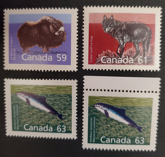 Canada #1174-1176a 59c-63c Multicoloured Musk Ox - Harbour Porpoise, 1987-1991 Mammal & Architecture Issue, 4 VFNH Singles All Different Printings, See Description