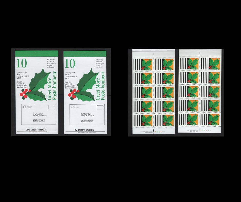 Canada #BK186a-b 40c Multicoloured Holly, 1995 Christmas Issue, 2 VFNH Complete Booklets Of 10 On DF1 Coated Papers Paper, Open & Sealed Covers (Philatelic & Field Stock)
