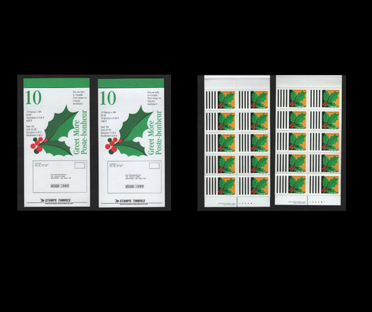 Canada #BK186a-b 40c Multicoloured Holly, 1995 Christmas Issue, 2 VFNH Complete Booklets Of 10 On DF1 Coated Papers Paper, Open & Sealed Covers (Philatelic & Field Stock)