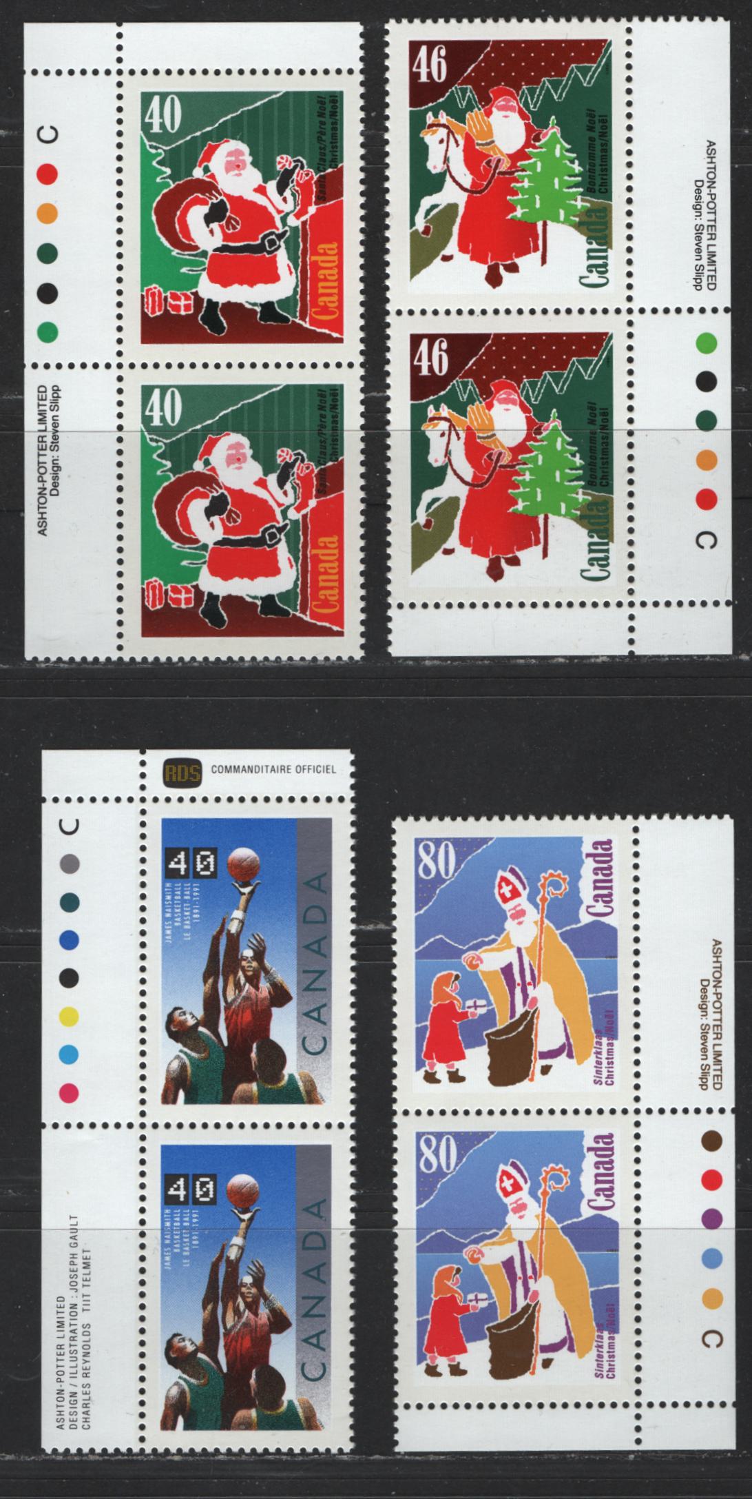 Canada #1339-1341, 1343 40c - 80c Multicoloured Santa Claus - Basketball Players, 1991 Christmas - Basketball Centenary Issues, 4 VFNH Inscription Pairs On NF/LF Coated Papers Paper