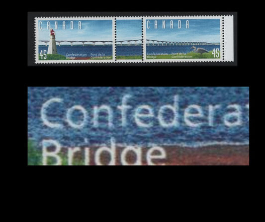 Lot 449 Canada  #1646avar 45c Multicoloured Confederation Bridge &, 1997 Confederation Bridge Issue, A VFNH Stamp-Tab-Stamp Pair On DF1 Coated Papers Paper, Showing Blurring Of Inscriptions Due To Leftward Shift Of The Dark Blue Into The White Lettering