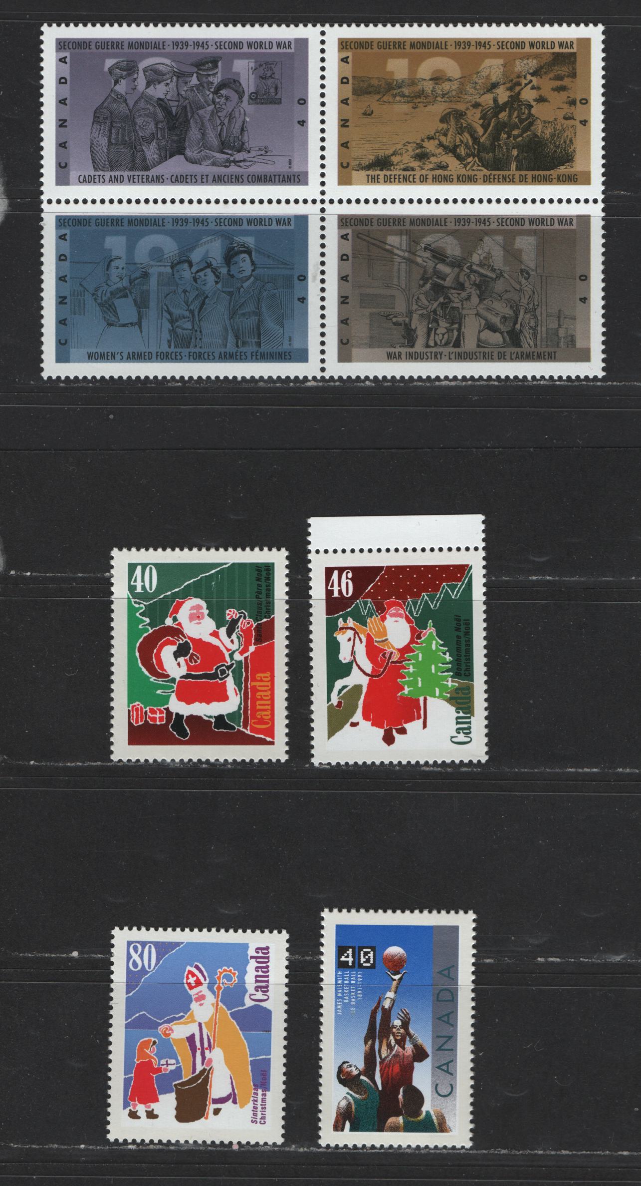 Canada #1339-1341, 1343, 1348a 40c - 80c Multicoloured Santa Claus - The Defience of Hong Kong, 1991 Christmas - 50th Anniversary Of World War 2 Issue, 4 VFNH Singles & Se-Tenant Block Of 4 On NF/LF Coated Papers Paper