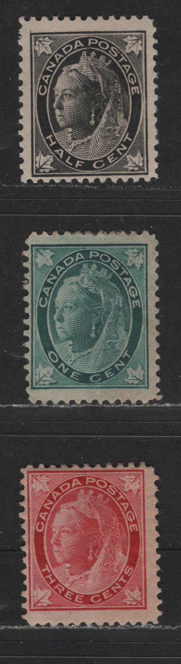 Lot 451 Canada #66-67, 69 1/2c, 1c, 3c Black - Carmine Red Queen Victoria, 1897-1898 Maple leaf Issue, 3 VG & Fine OG Singles On Vertical & Horizontal Wove Paper