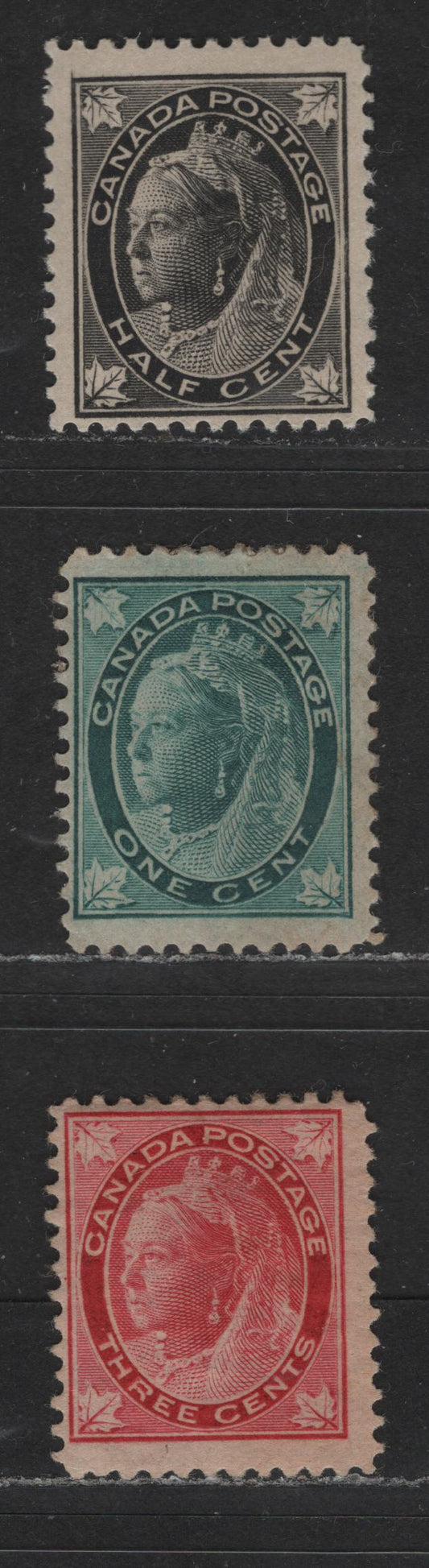 Lot 451 Canada #66-67, 69 1/2c, 1c, 3c Black - Carmine Red Queen Victoria, 1897-1898 Maple leaf Issue, 3 VG & Fine OG Singles On Vertical & Horizontal Wove Paper