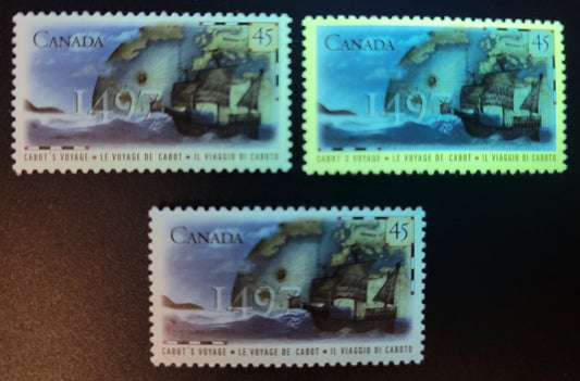 Lot 451 Canada  #1649-i&var 45c Multicoloured The Matthew, Map & Globe, 1997 Cabot Issue, 3 VFNH Singles Mild & Weak Fluirescent Coated Paper and Fluorescent Coated With GT-4 Tagging As Well